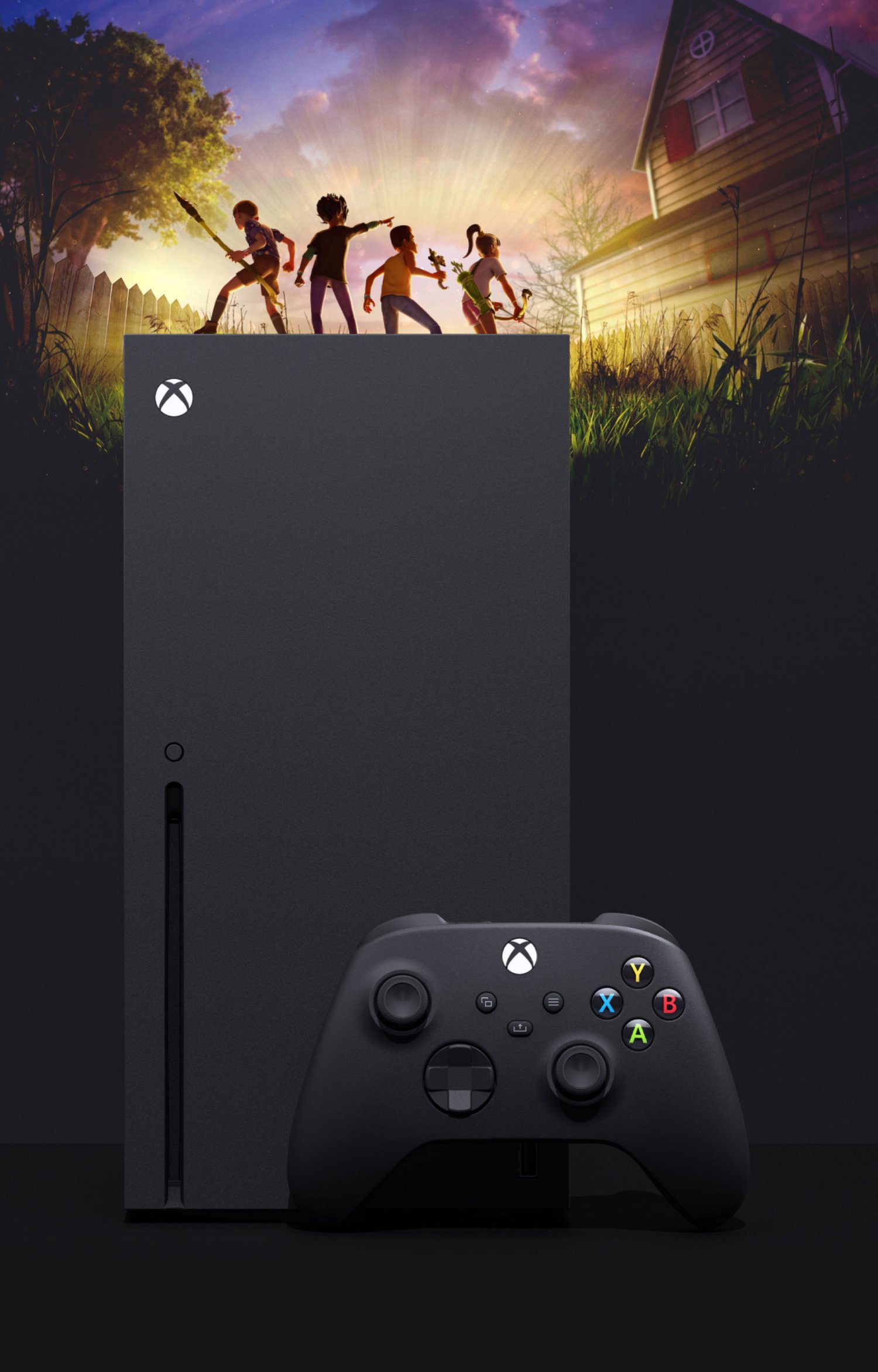 Xbox Series X مع شخصيات مؤرضة في الخلفية