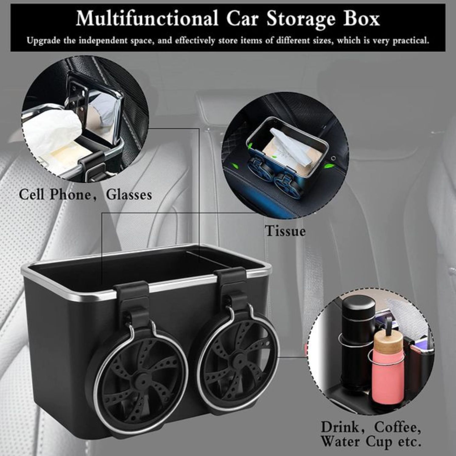 Multifunctional Car Armrest Storage Organizer with Foldable Cup Holders